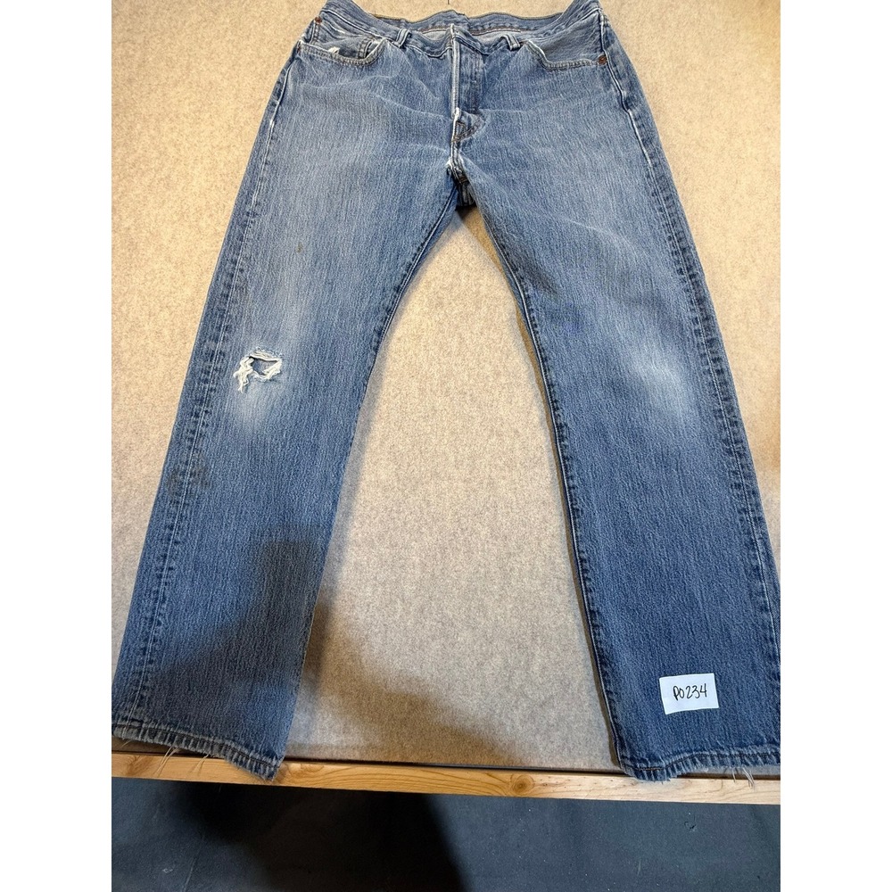 Levis 501 Mens Straight Fit Blue Denim Jeans Light Wash Distressed 36x32